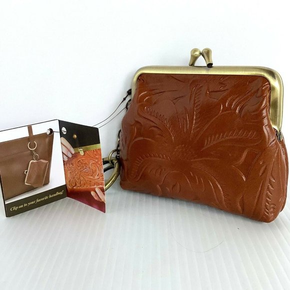 Patricia Nash Large Borse Coin Purse Key Ring Tooled Florence Brown Leather NWT - Picture 2 of 3